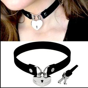 Heart lock & 2 keys vegan leather collar necklace goth emo bondage love necklace